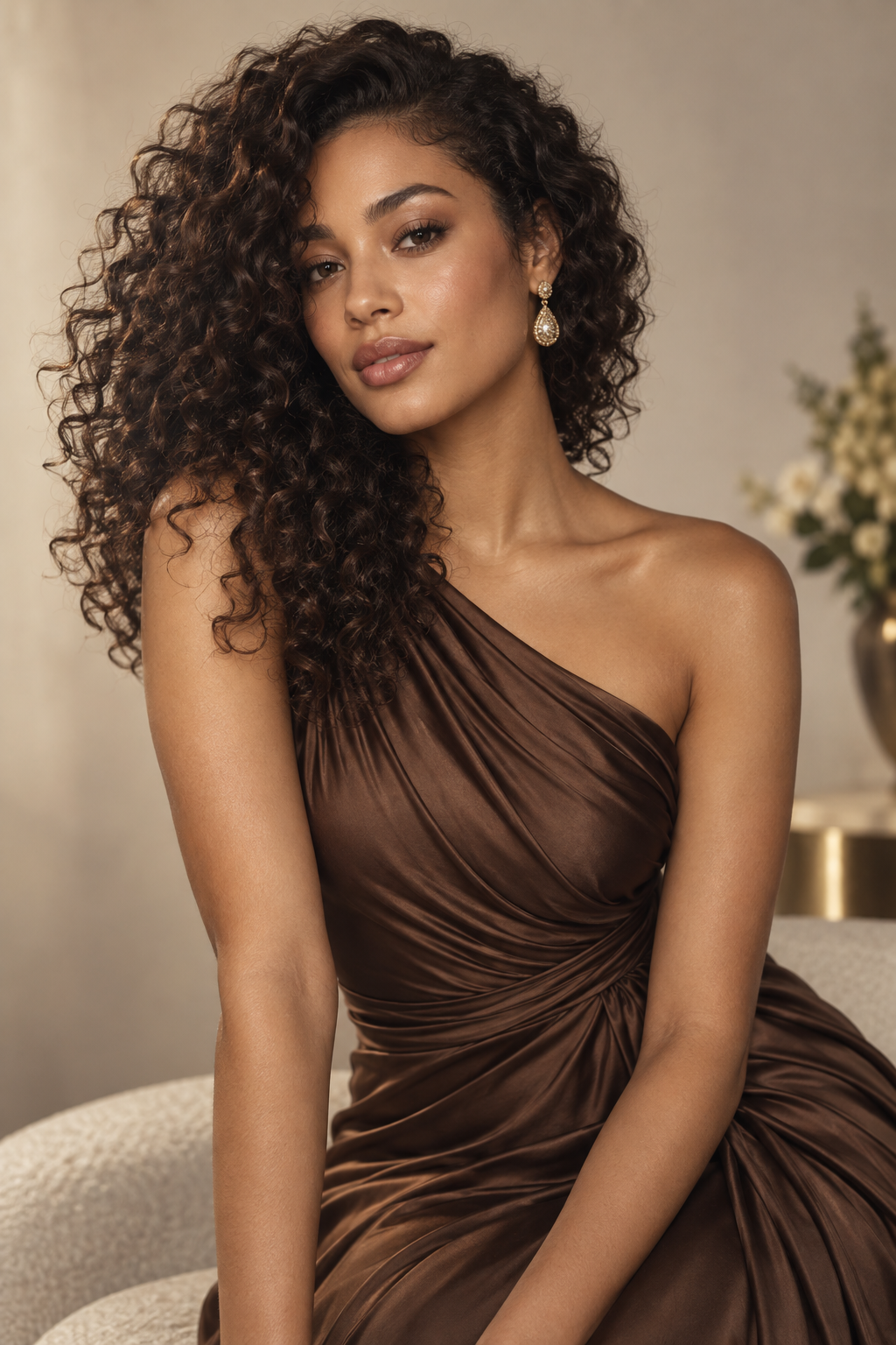 one shoulder dress hairstyles: curly side part
