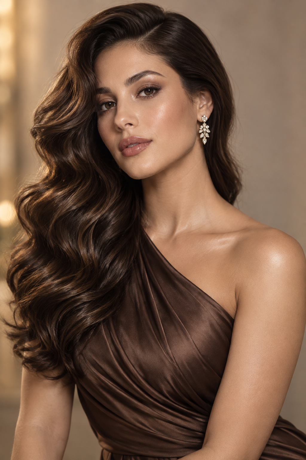 one shoulder dress hairstyles: deep side part waves