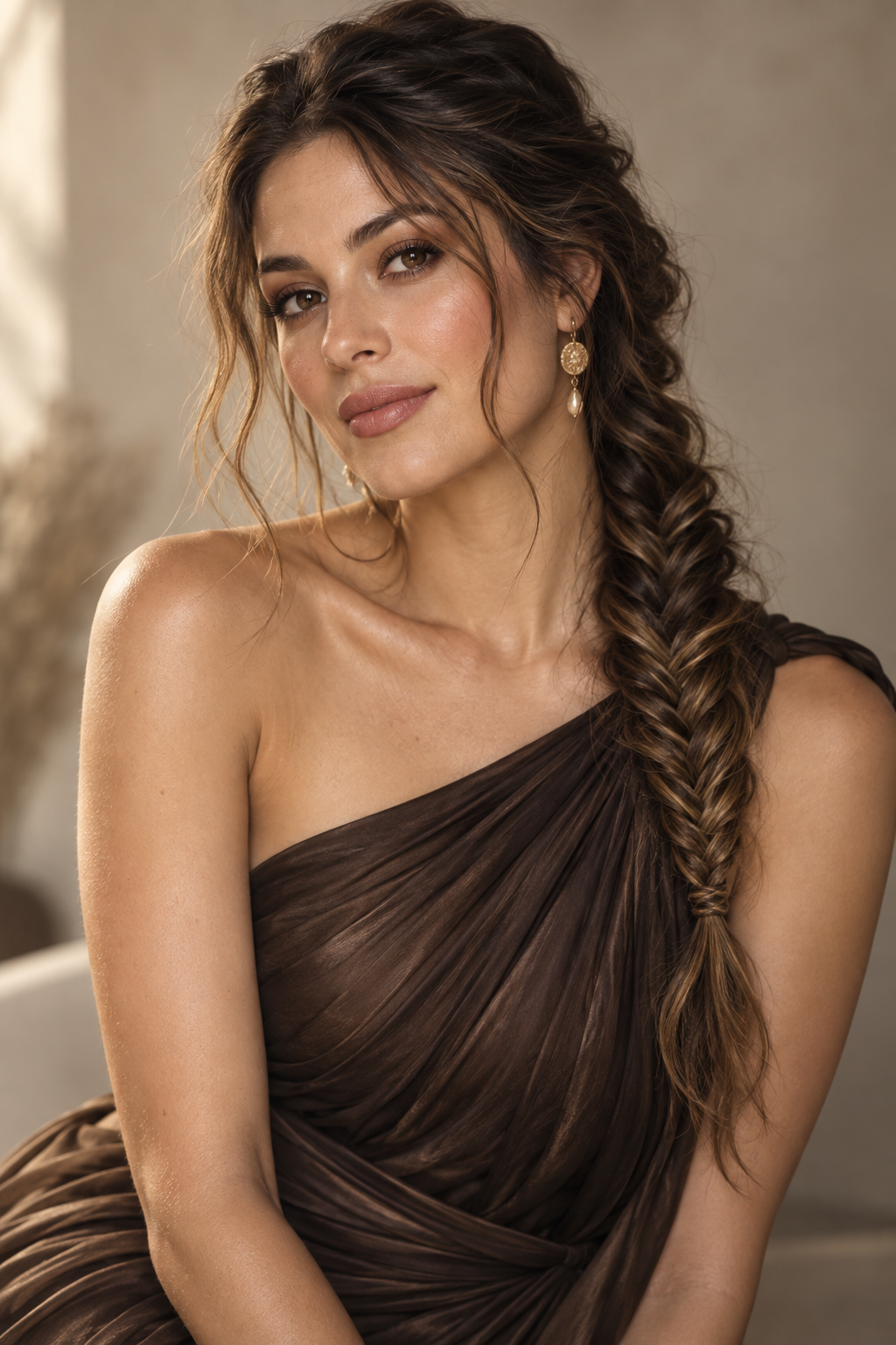 one shoulder dress hairstyles: bohemian fishtail braid
