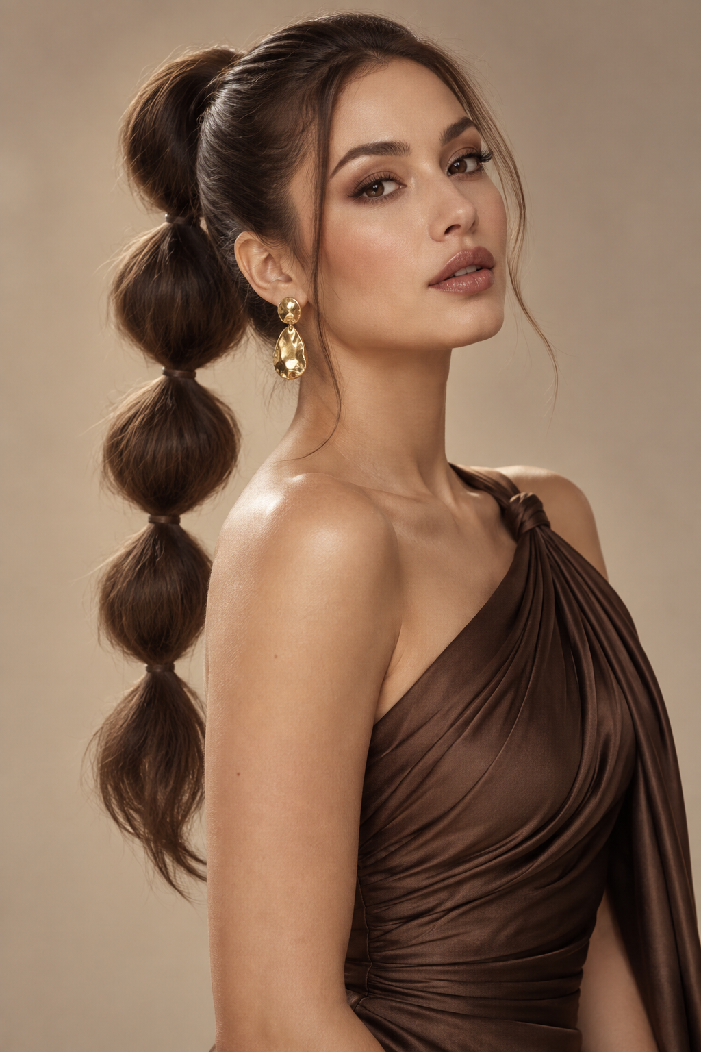 one shoulder dress hairstyles: modern bubble ponytail