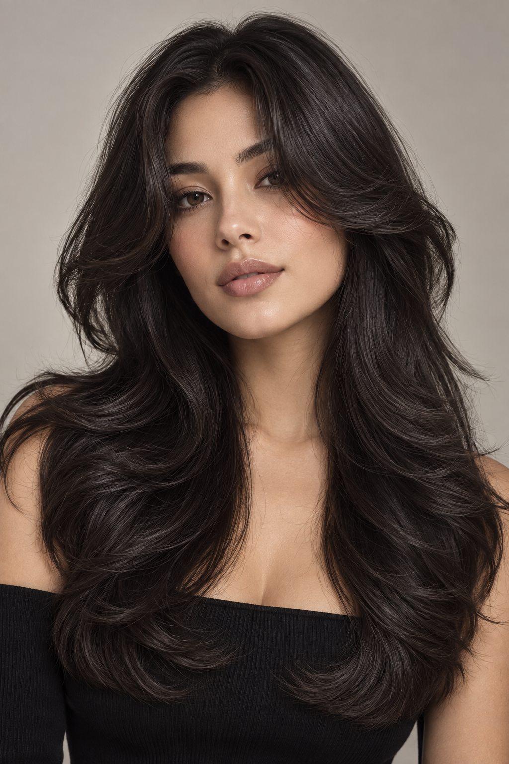 dark fall hair: Soft black butterfly cut