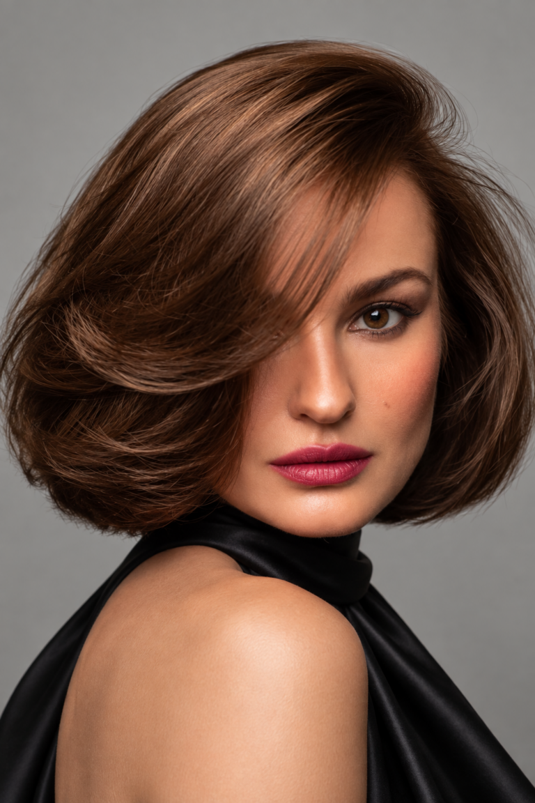 Original editorial beauty photograph showing polished rounded bob, sophisticated salon styling, soft-glam palette, portrait 2:3 composition.