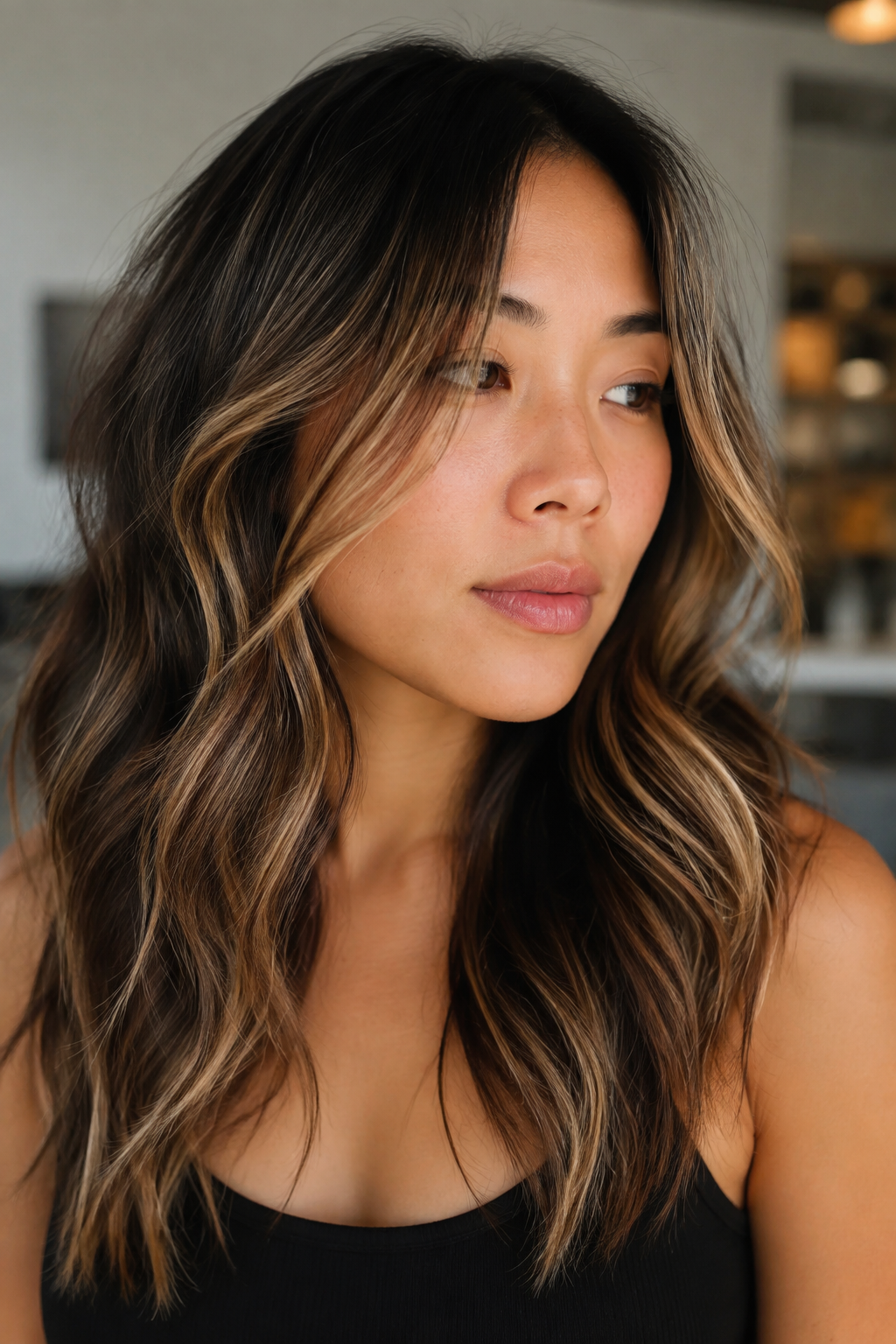 balayage vs ombre hair: soft hand-painted brunette balayage in salon light