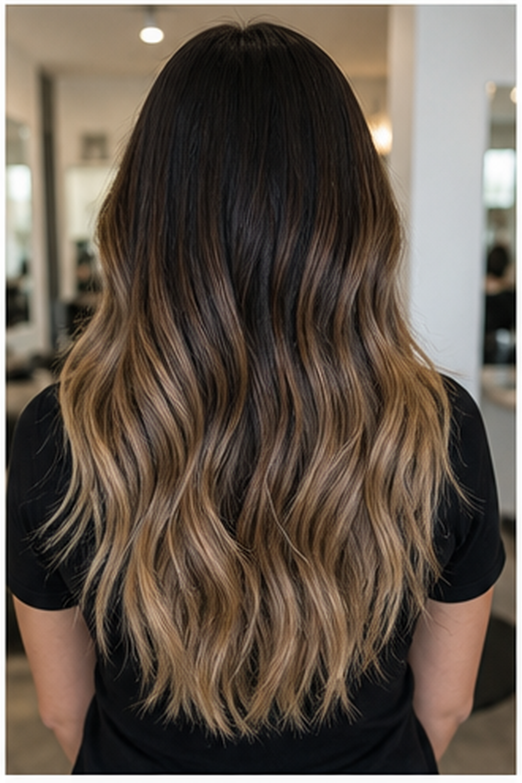 balayage vs ombre hair: ombre midpoint transition on long waves