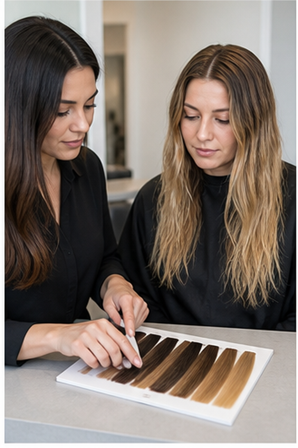 balayage vs ombre hair: natural and previously colored strands in a salon consultation