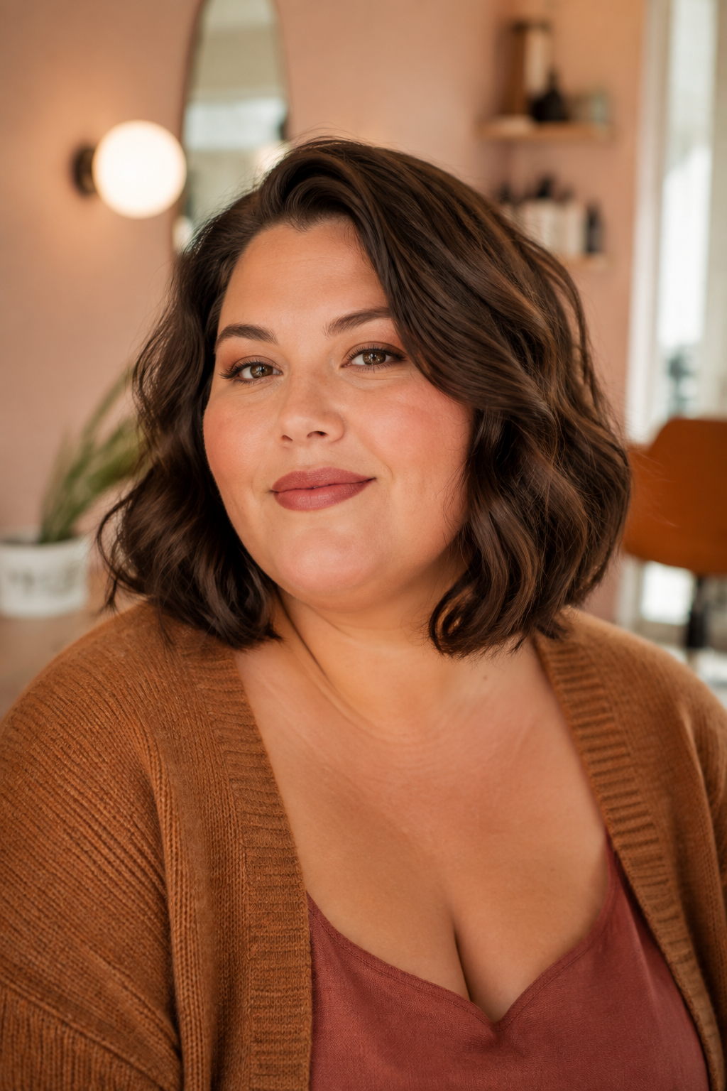 Fall bob hairstyles for plus size women with shoulder-length waves