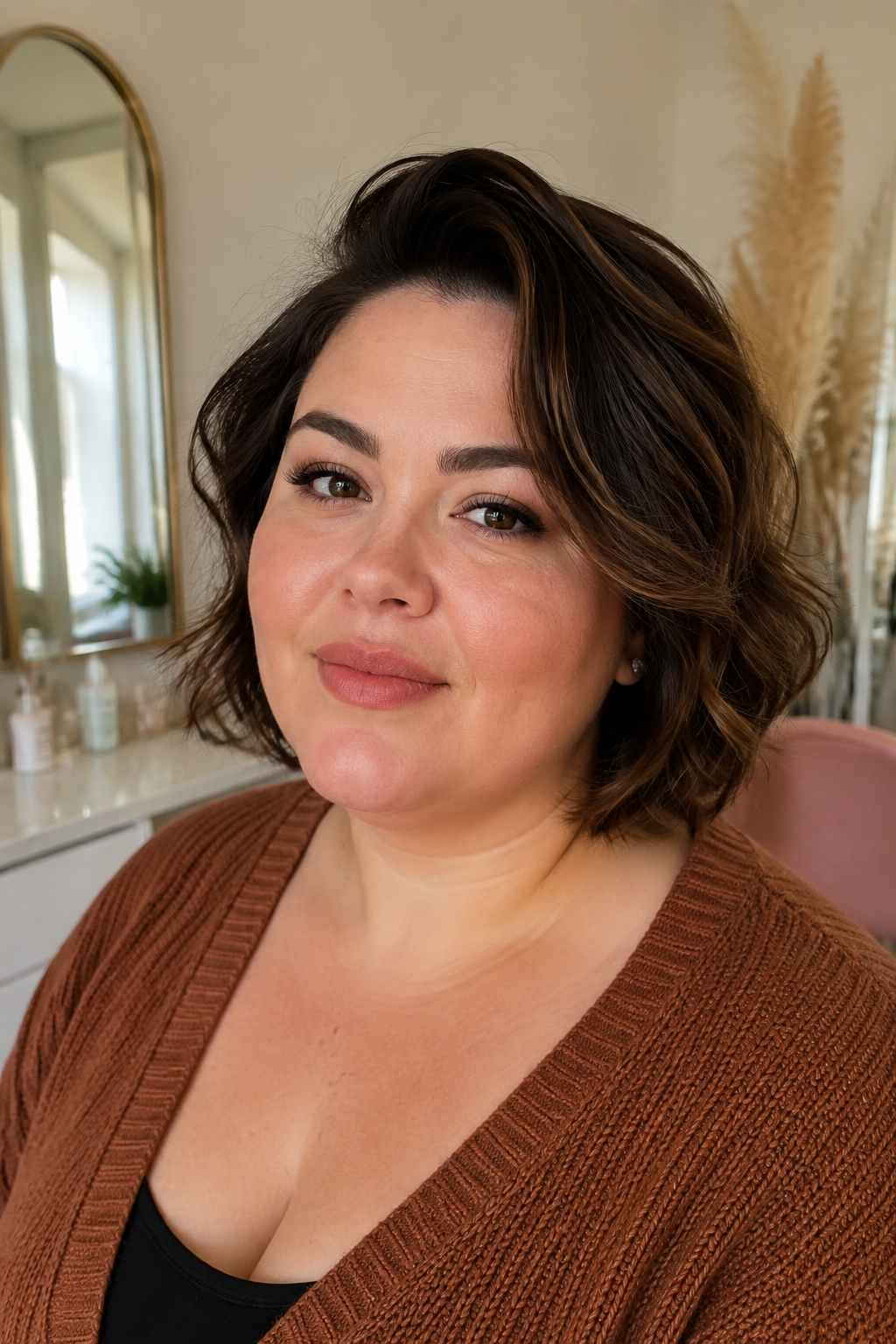 Softly layered brunette bob with a side part