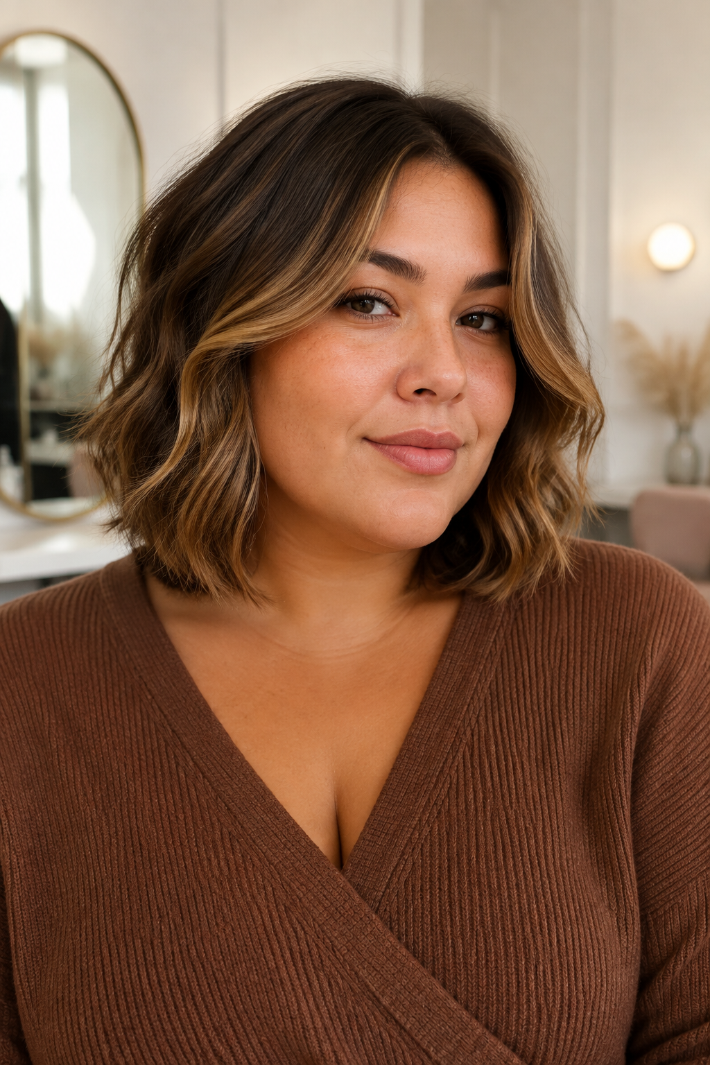 Brunette bob with caramel face-framing balayage