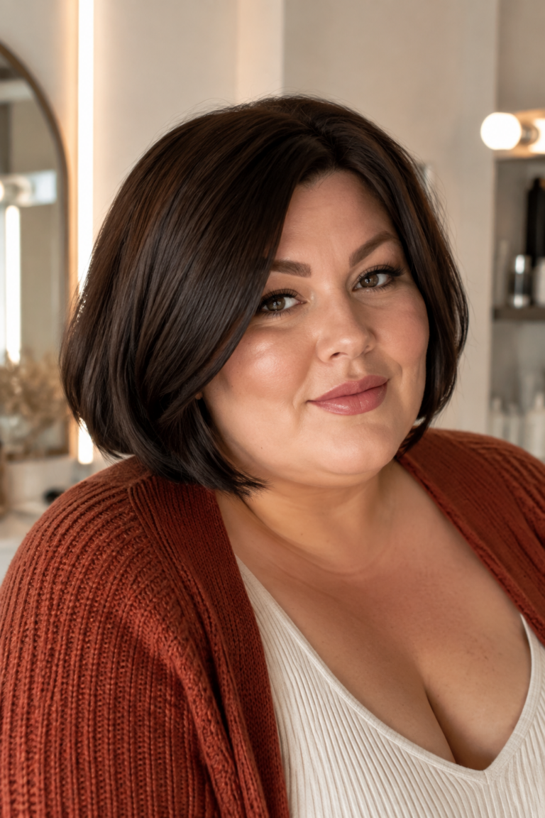 Glossy chocolate fall bob on a plus-size woman