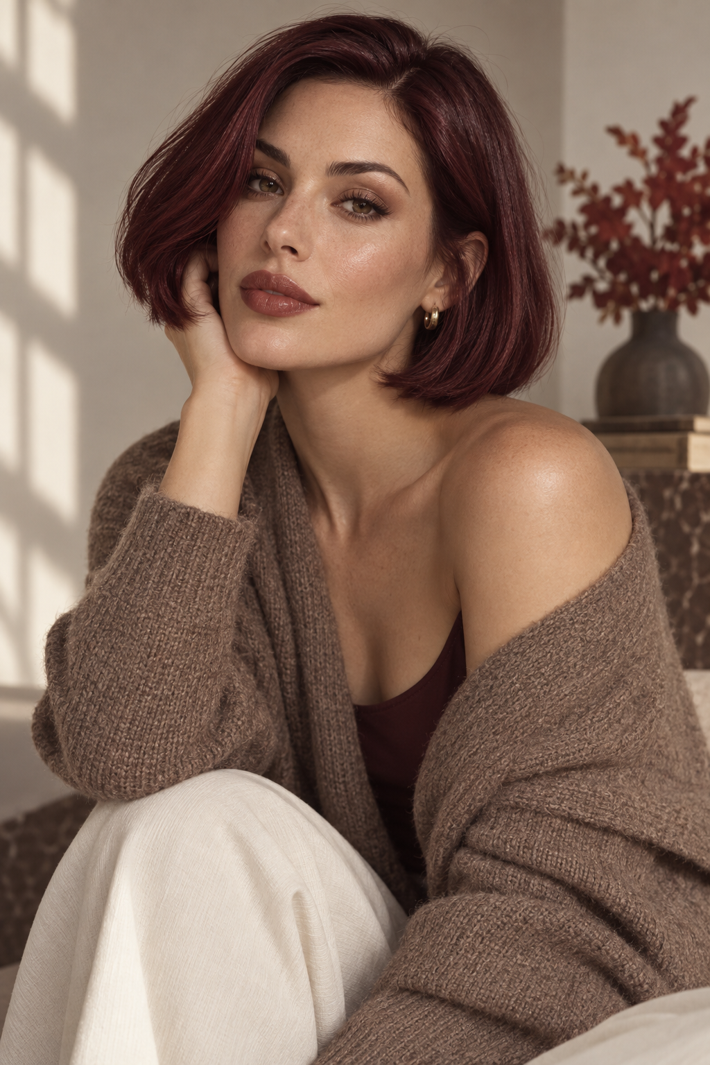 fall old money bob hairstyles: burgundy bob