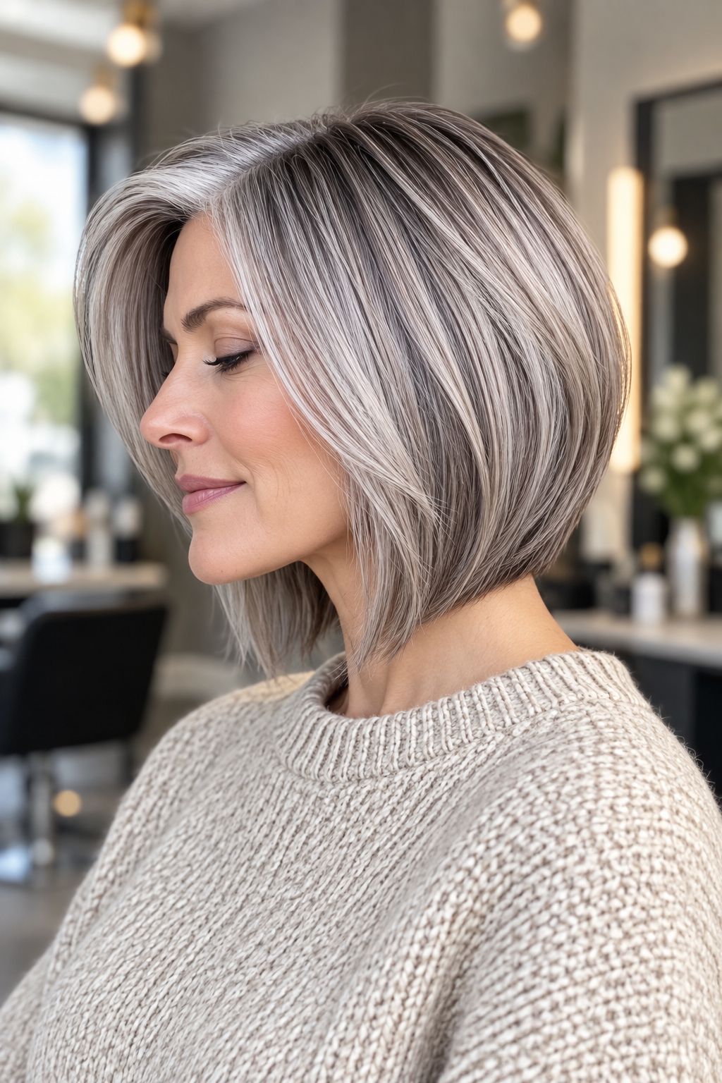 gray bob hairstyles: stacked gray bob