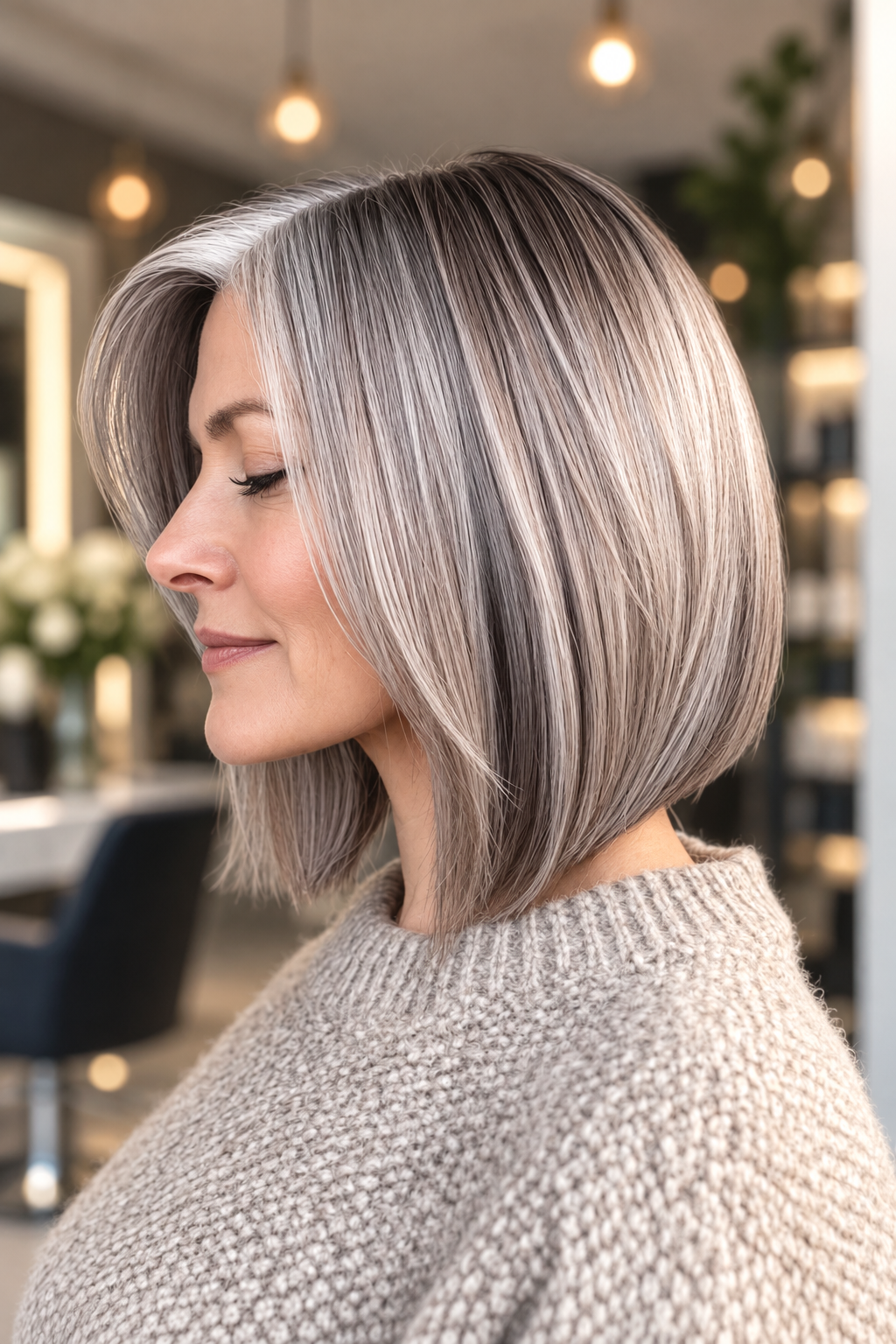 gray bob hairstyles: side-parted gray bob