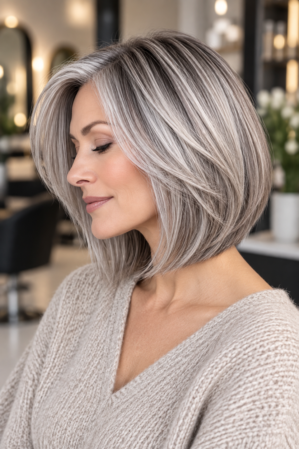 gray bob hairstyles: feathered gray bob