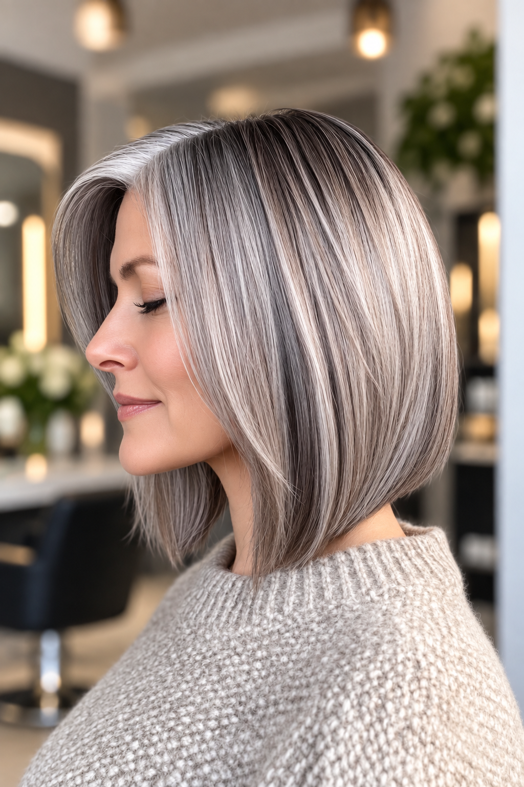 gray bob hairstyles: gray bob with deep part