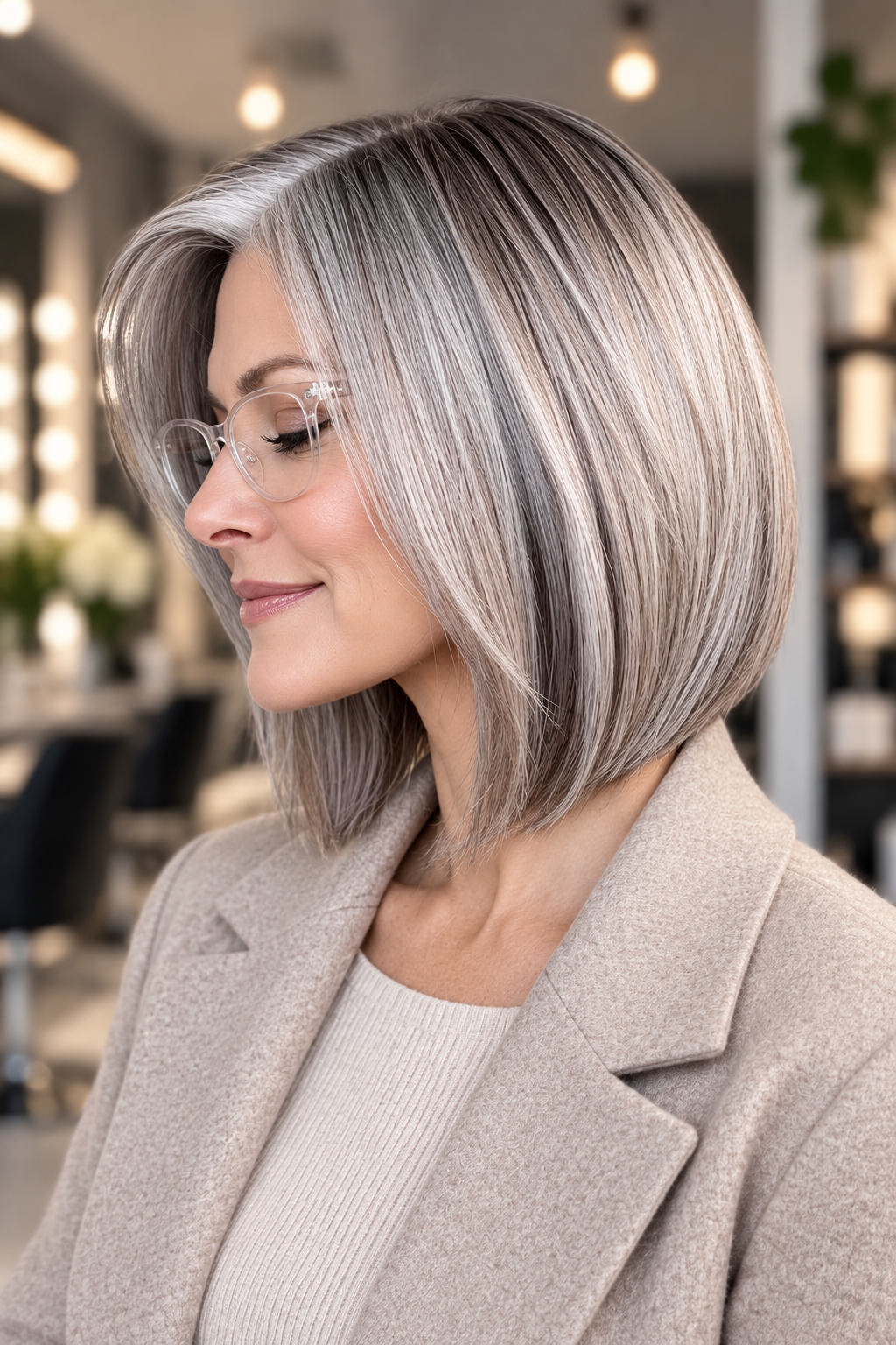 gray bob hairstyles: gray bob with glasses