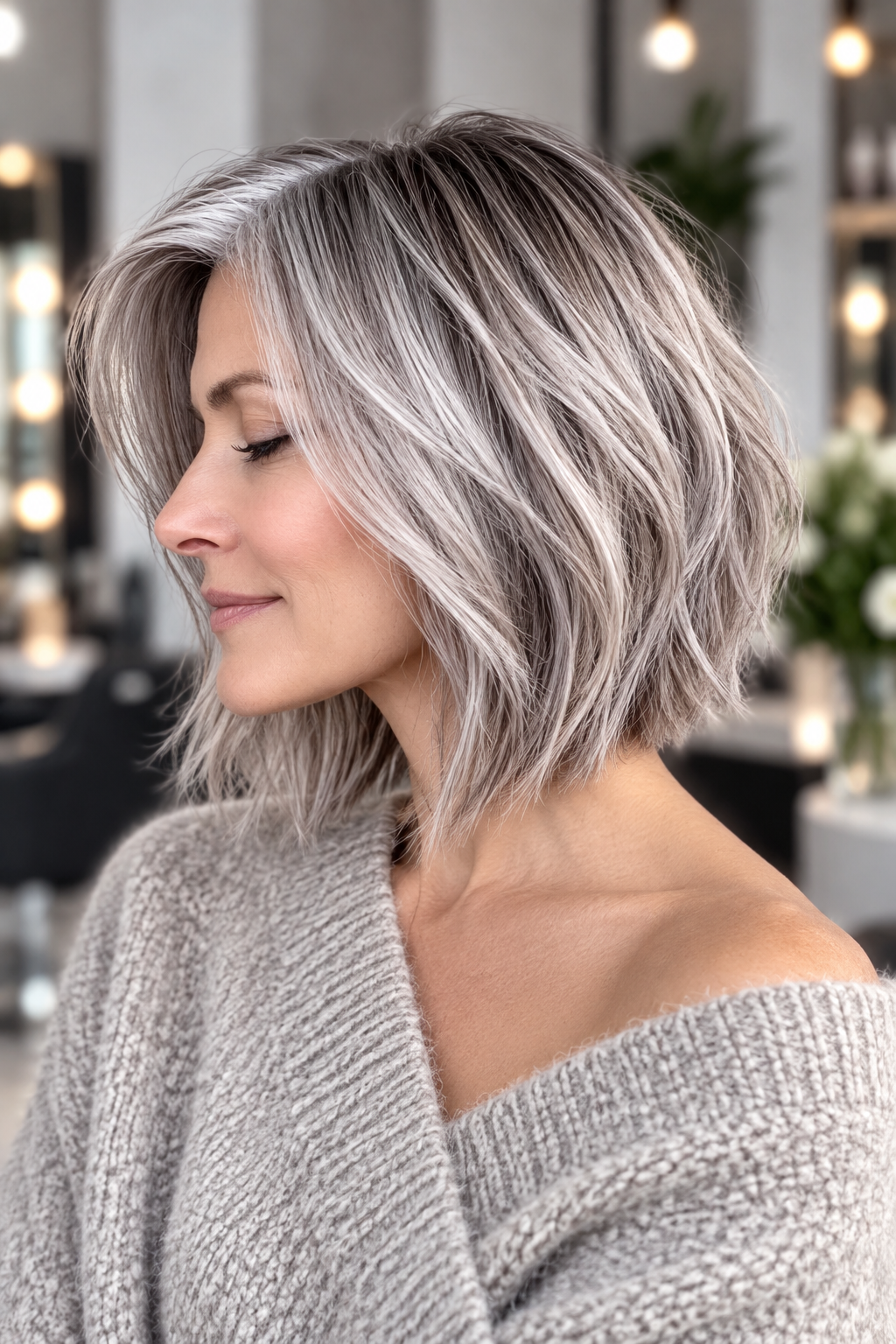 gray bob hairstyles: tousled silver bob