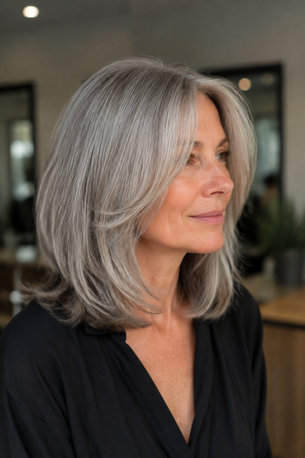 gray hair with face framing layers — classic silver lob with soft layers