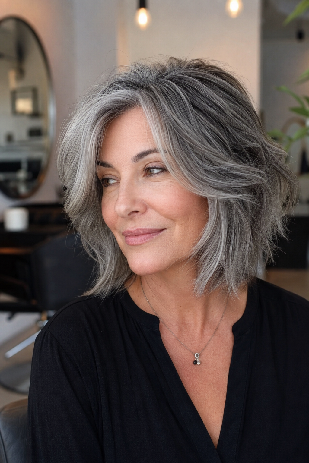 gray hair with face framing layers — gray balayage layered bob