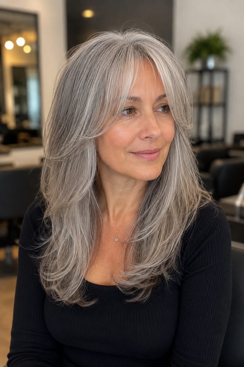 gray hair with face framing layers — wispy curtain bangs on long gray hair