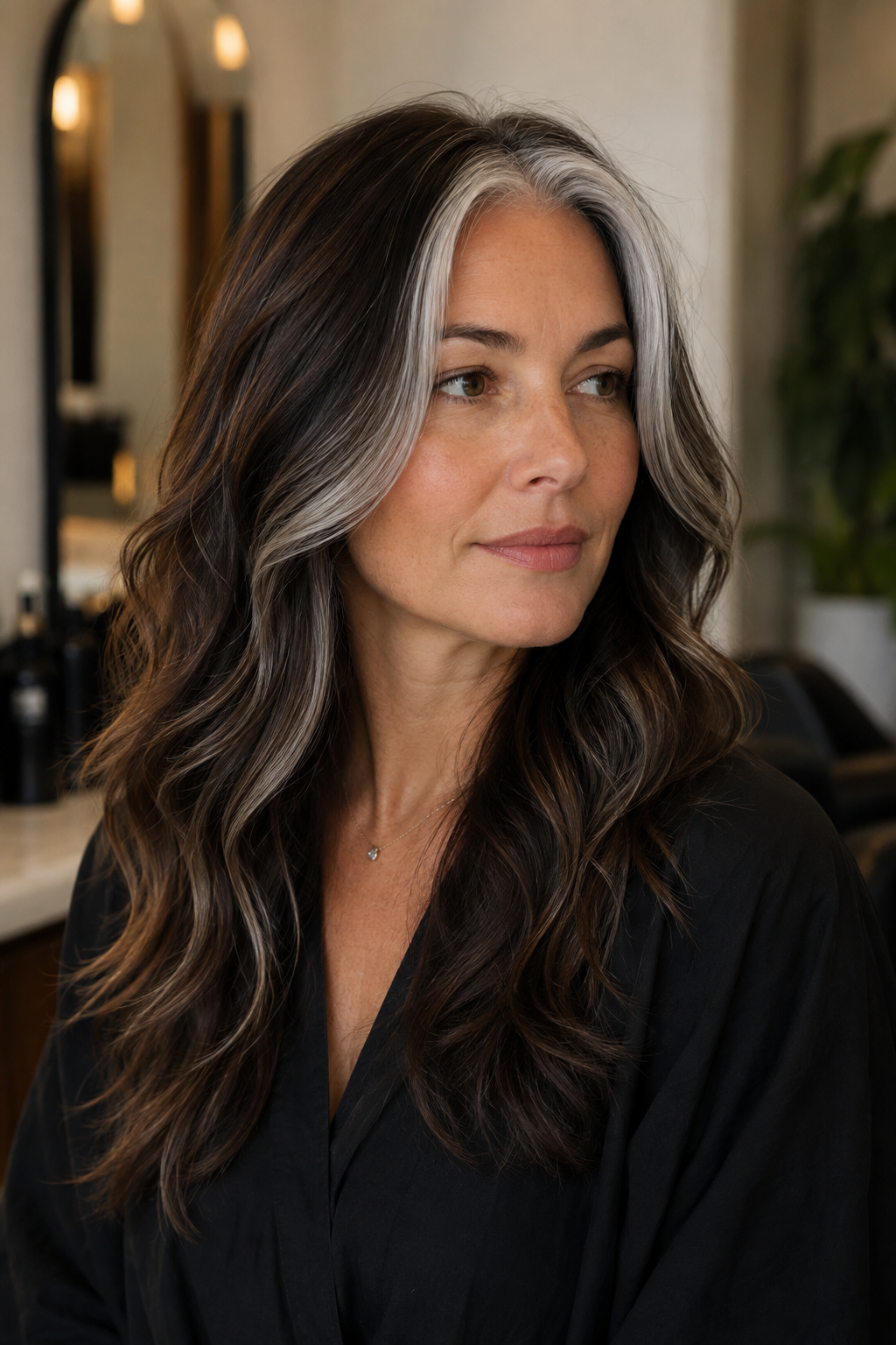 gray hair with face framing layers — gray money piece on brunette hair