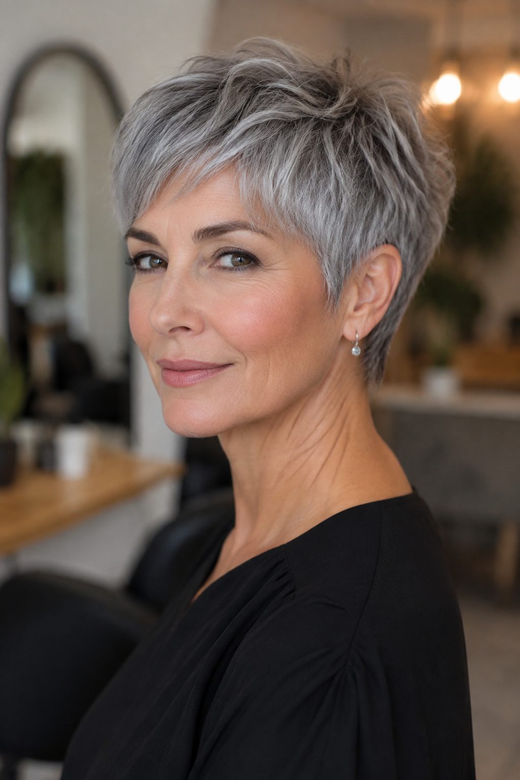 gray hair with face framing layers — textured gray pixie