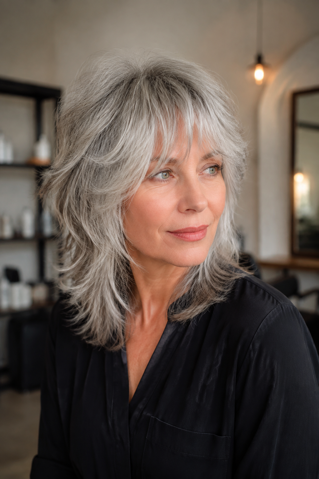gray hair with face framing layers — feathered gray shag
