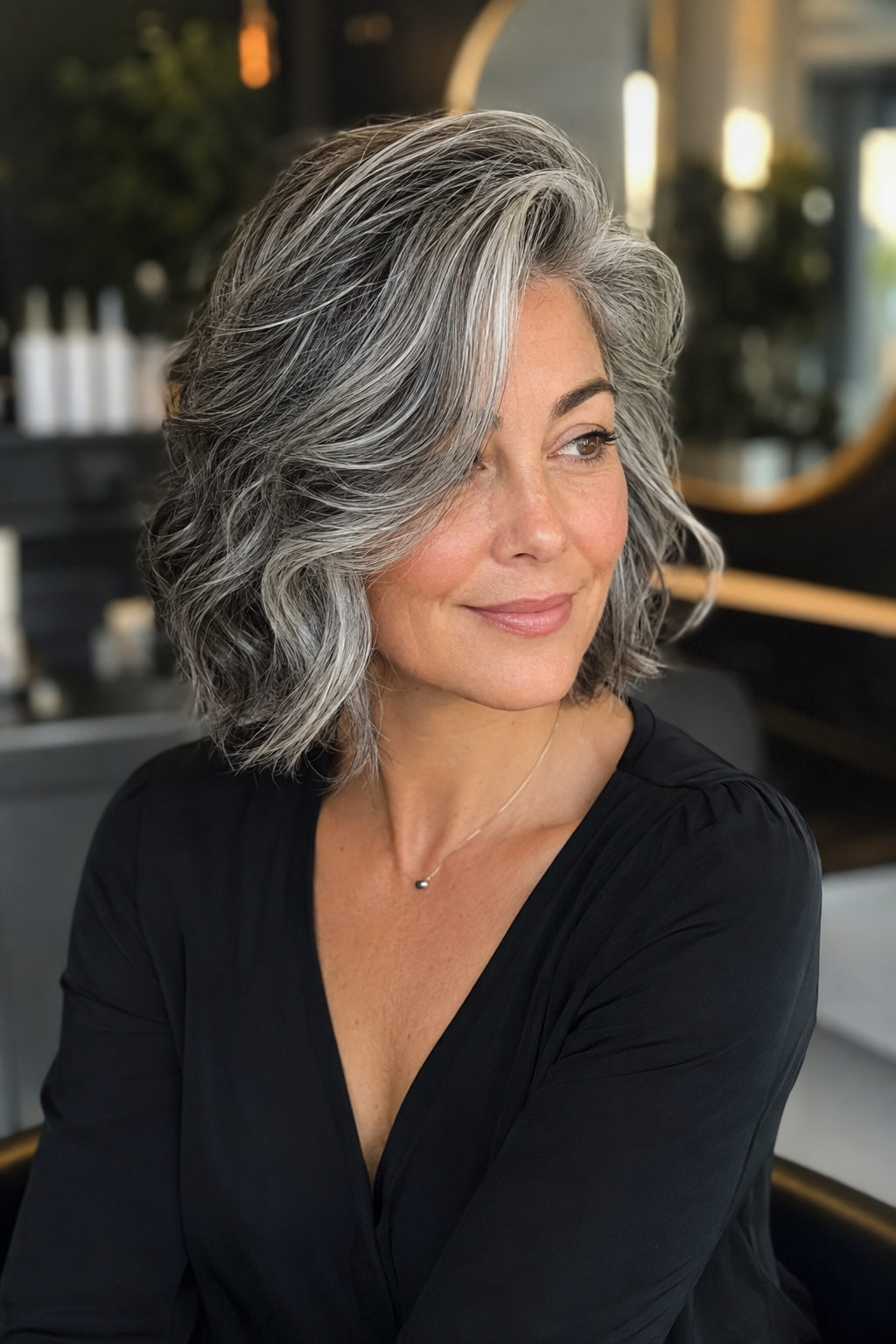 gray hair with face framing layers — salt-and-pepper deep side part