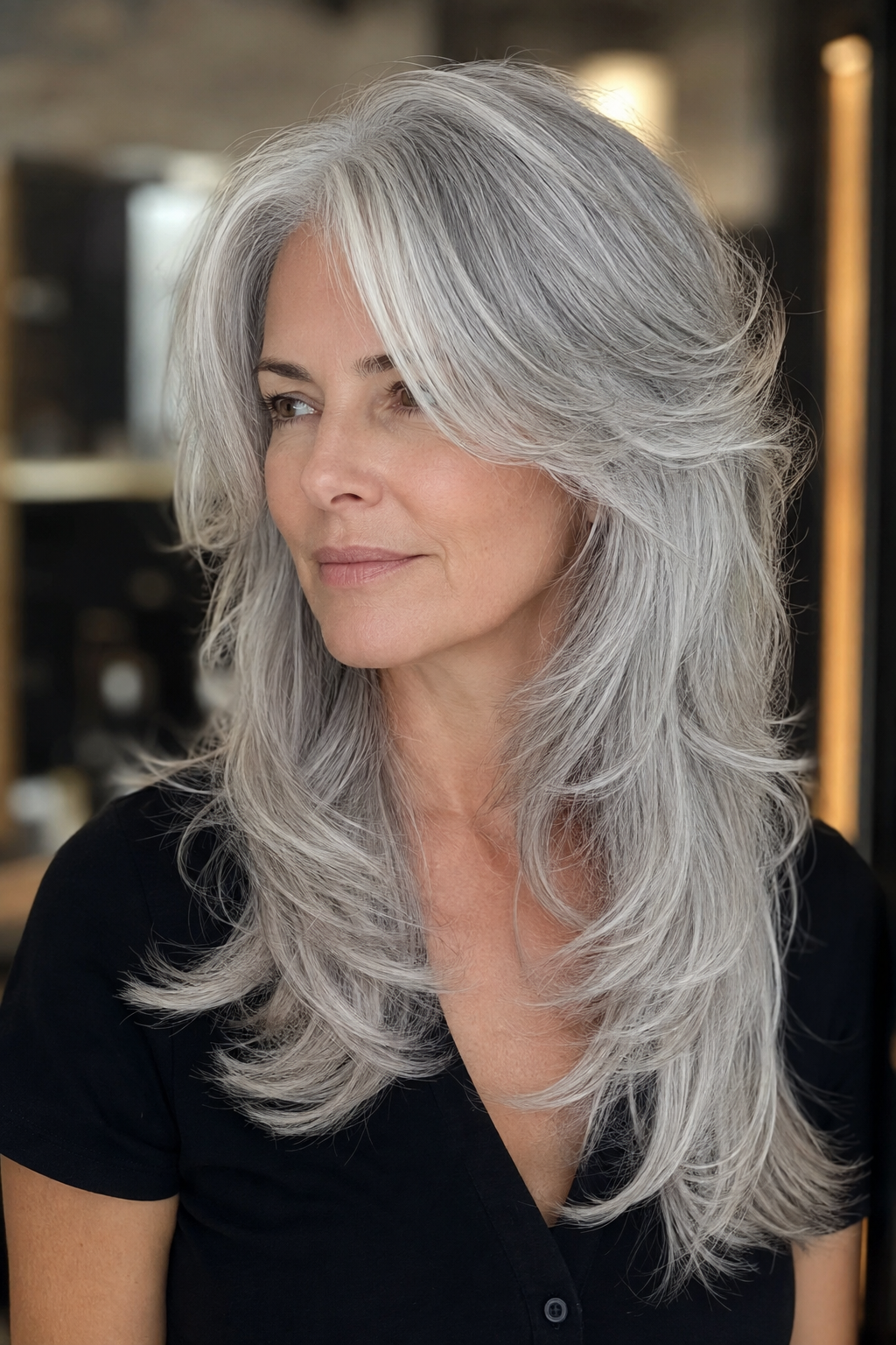 gray hair with face framing layers — fully silver long layers