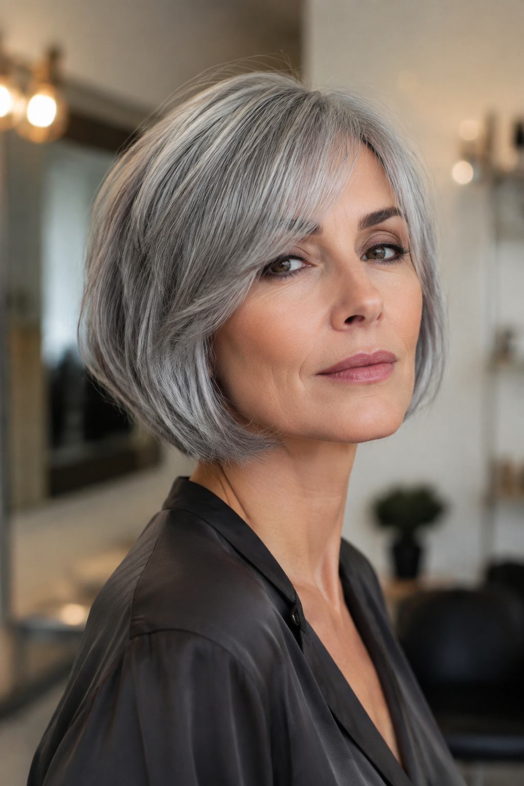 gray hair with face framing layers — smoky silver italian bob
