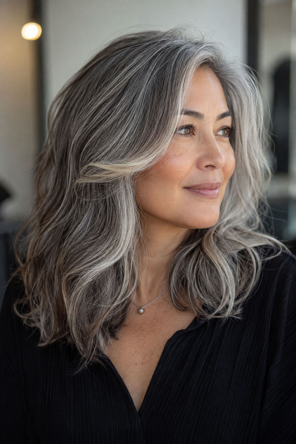 gray hair with face framing layers — face-framing highlights on natural gray