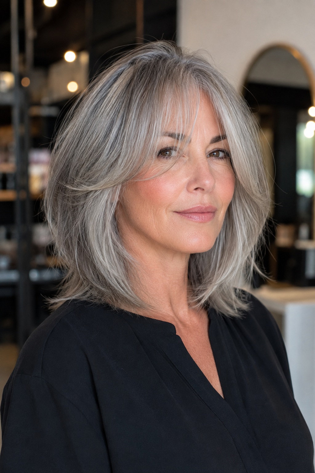 gray hair with face framing layers — layered gray lob with curtain bangs