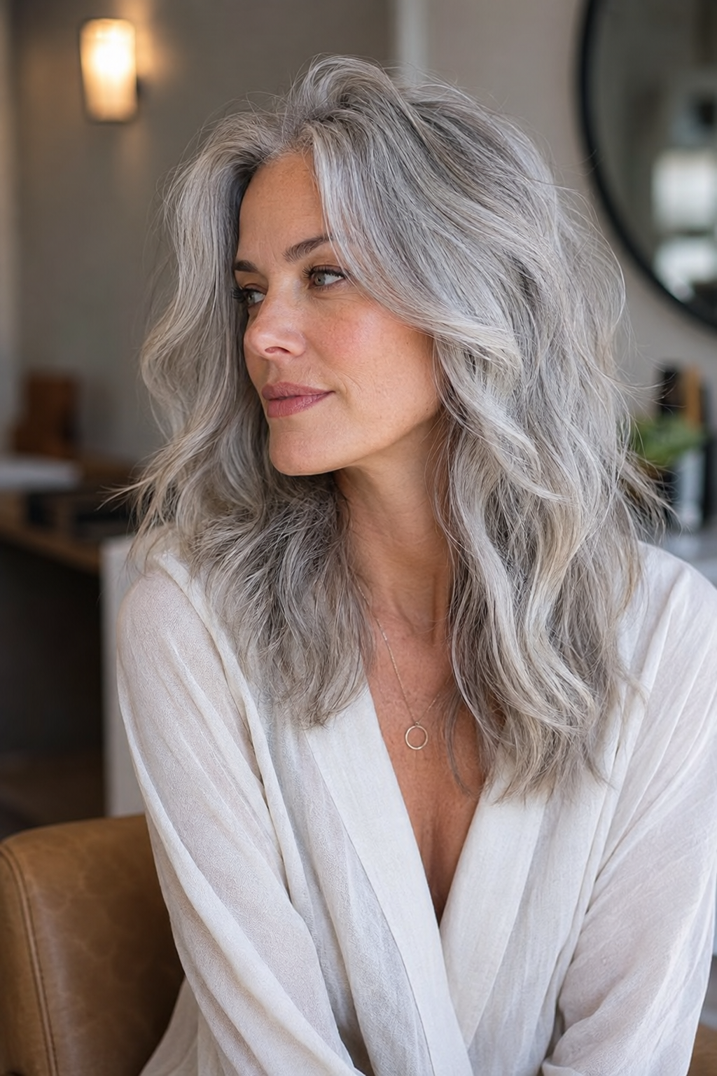 gray hair with face framing layers — wavy gray no-heat layers