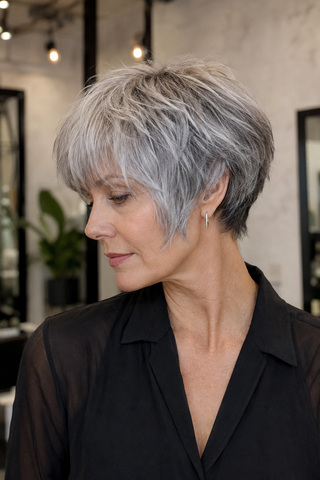 gray hair with face framing layers — choppy short gray pixie bob
