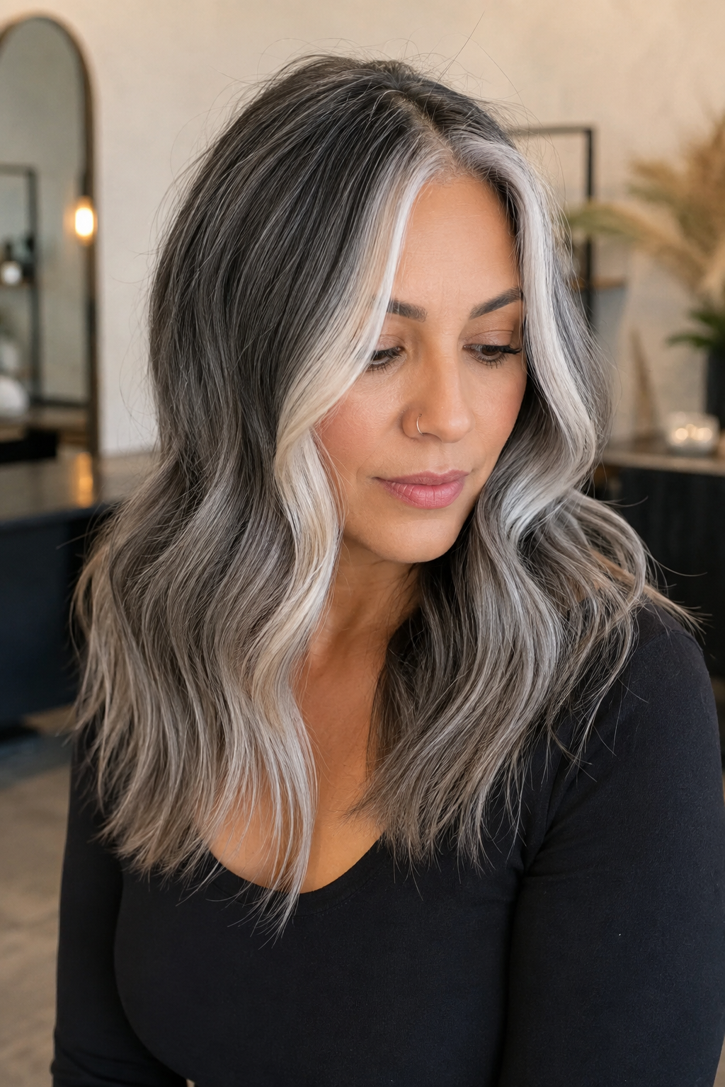 gray hair with face framing layers — gray ombré with bright money piece