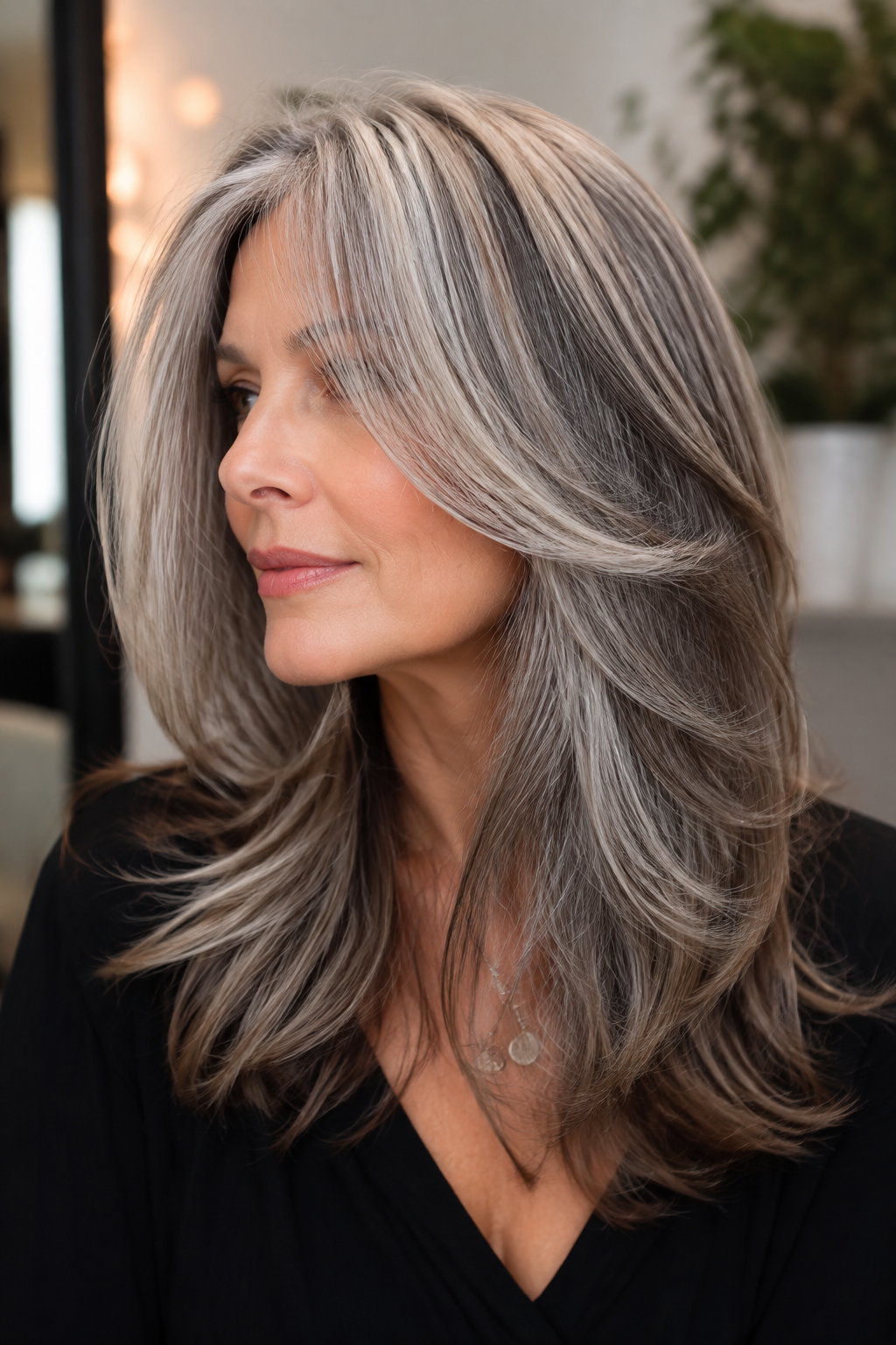gray hair with face framing layers — layered gray hair with lowlights