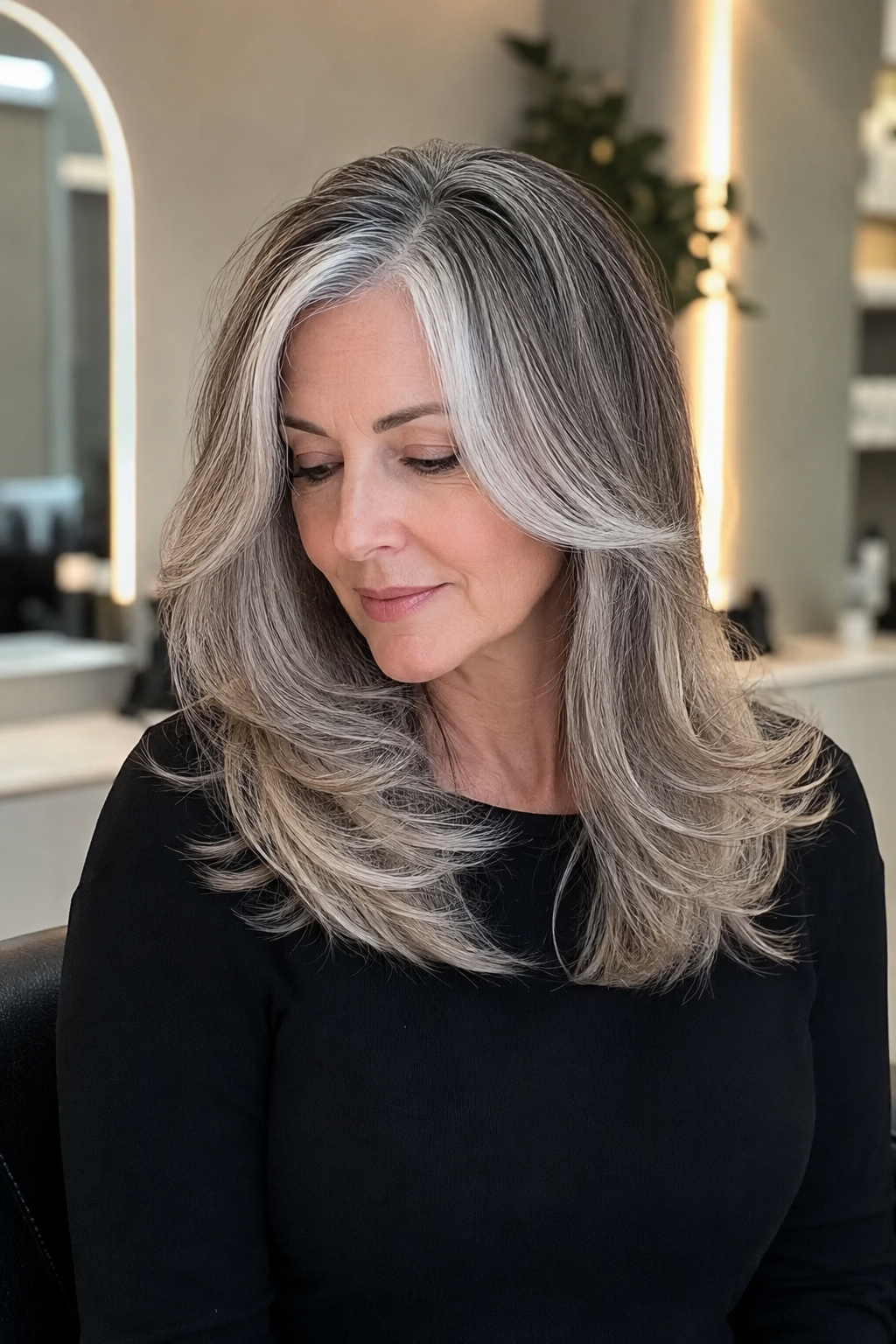 gray hair with face framing layers — grown-out gray transition layers