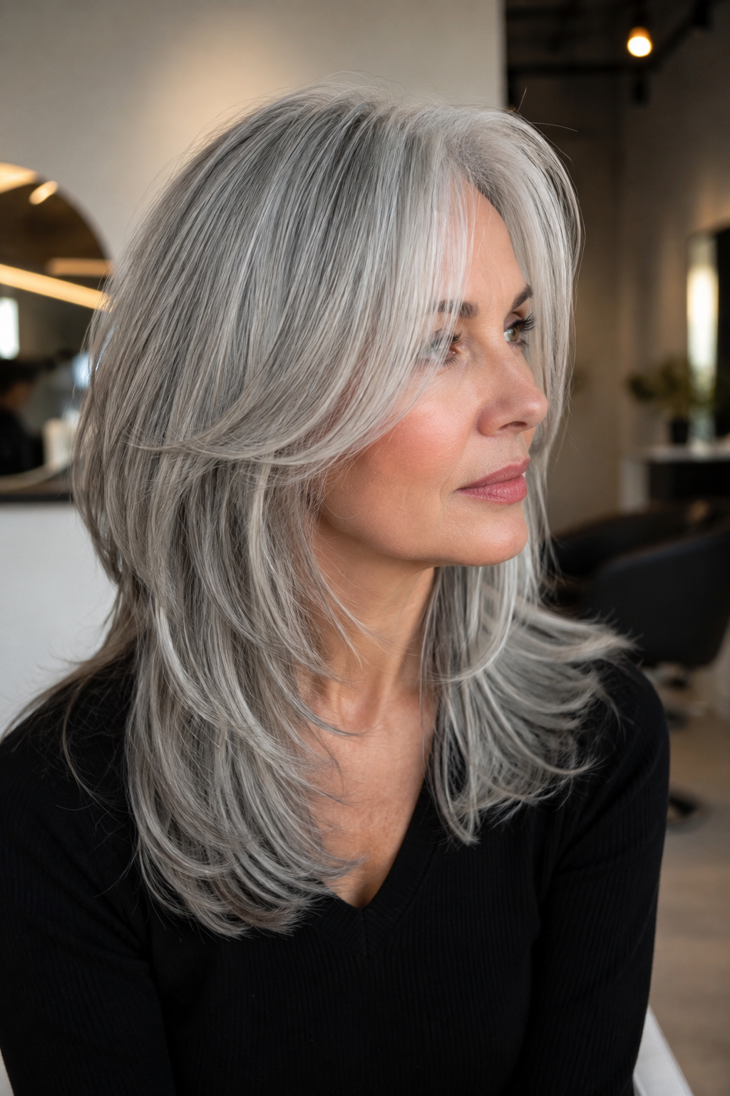 gray hair with face framing layers — editorial overview