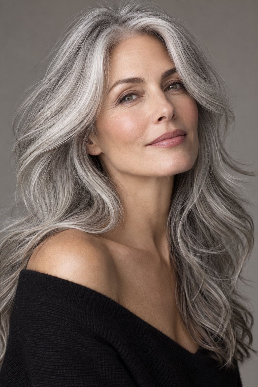 Gray hair long layers look 1