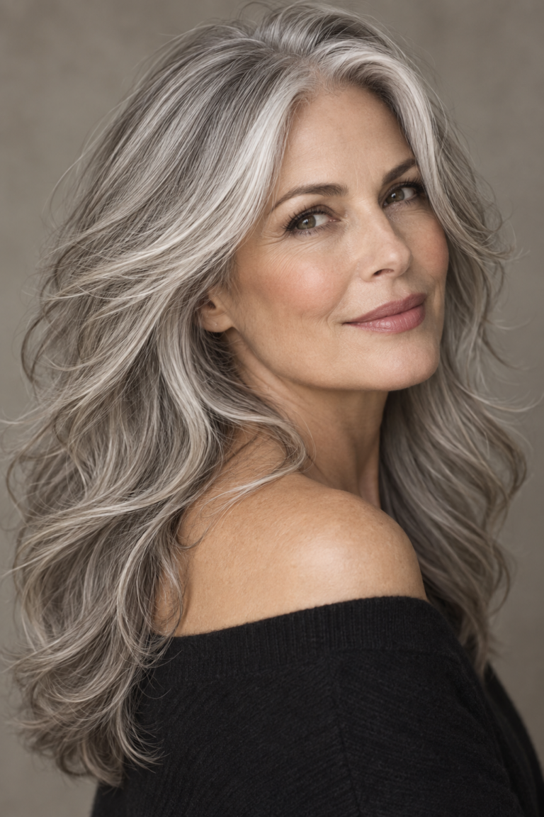 Gray hair long layers editorial hairstyle