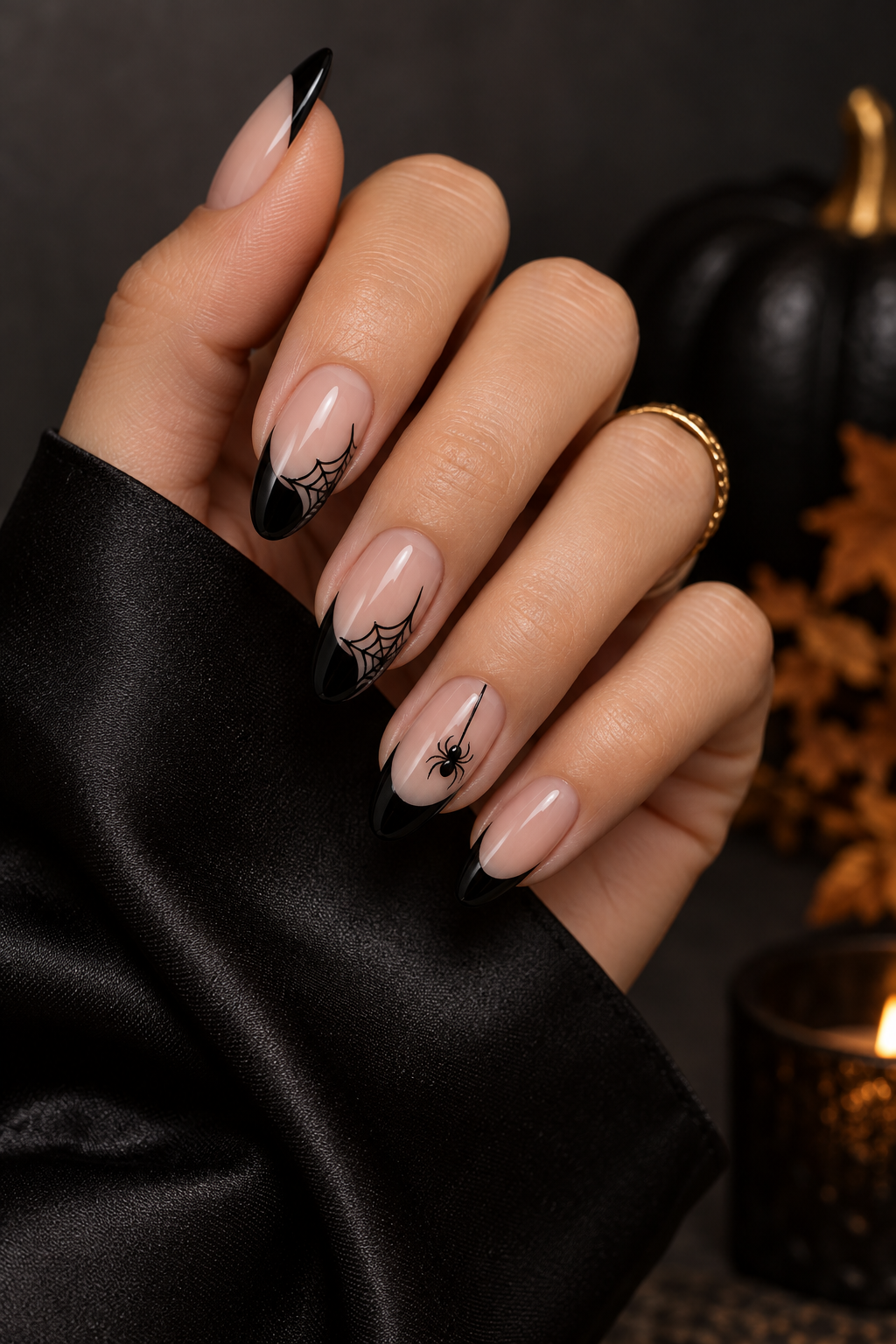 glossy black with tiny spiders Halloween nails with spiders