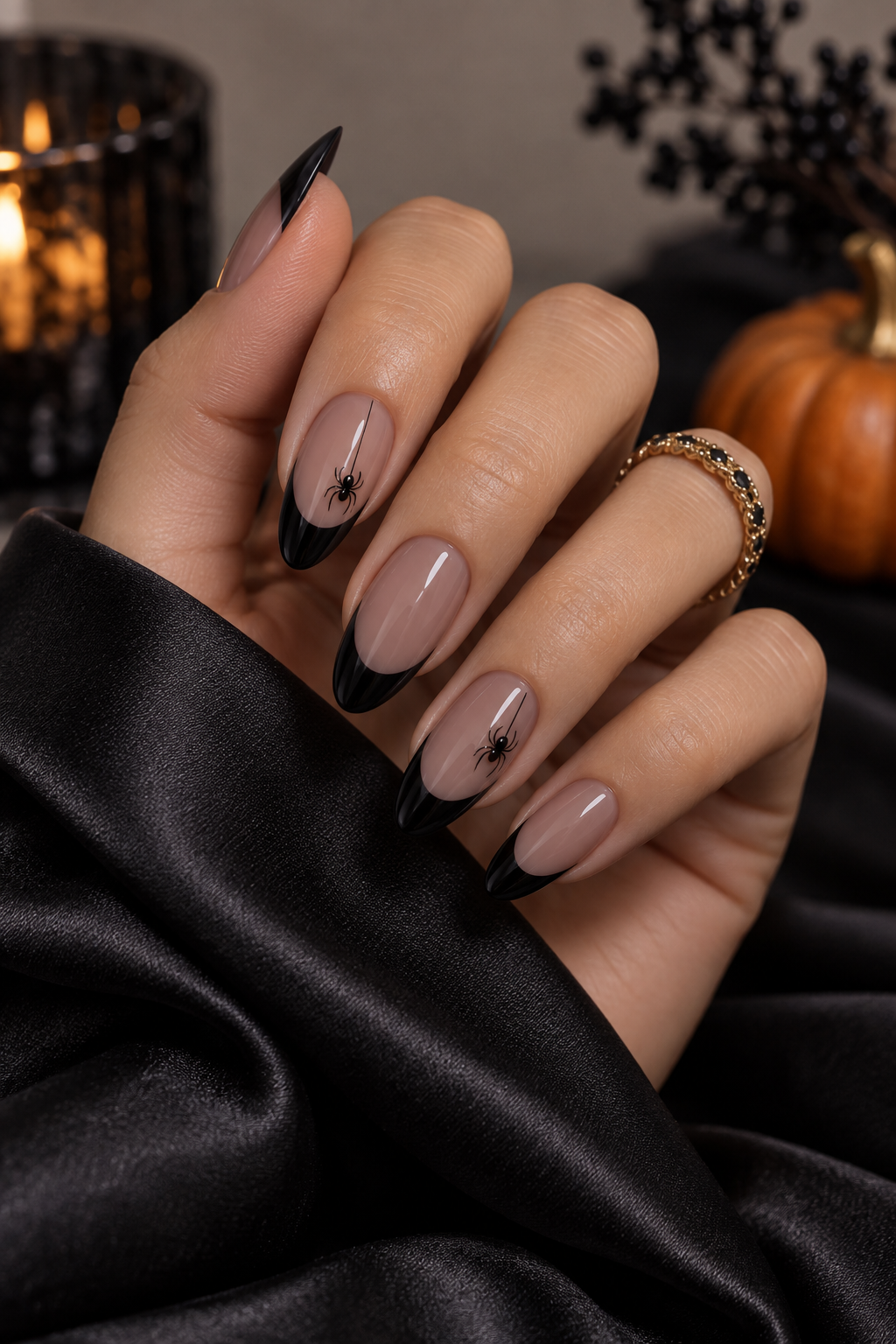 milky nude spider accents Halloween nails with spiders