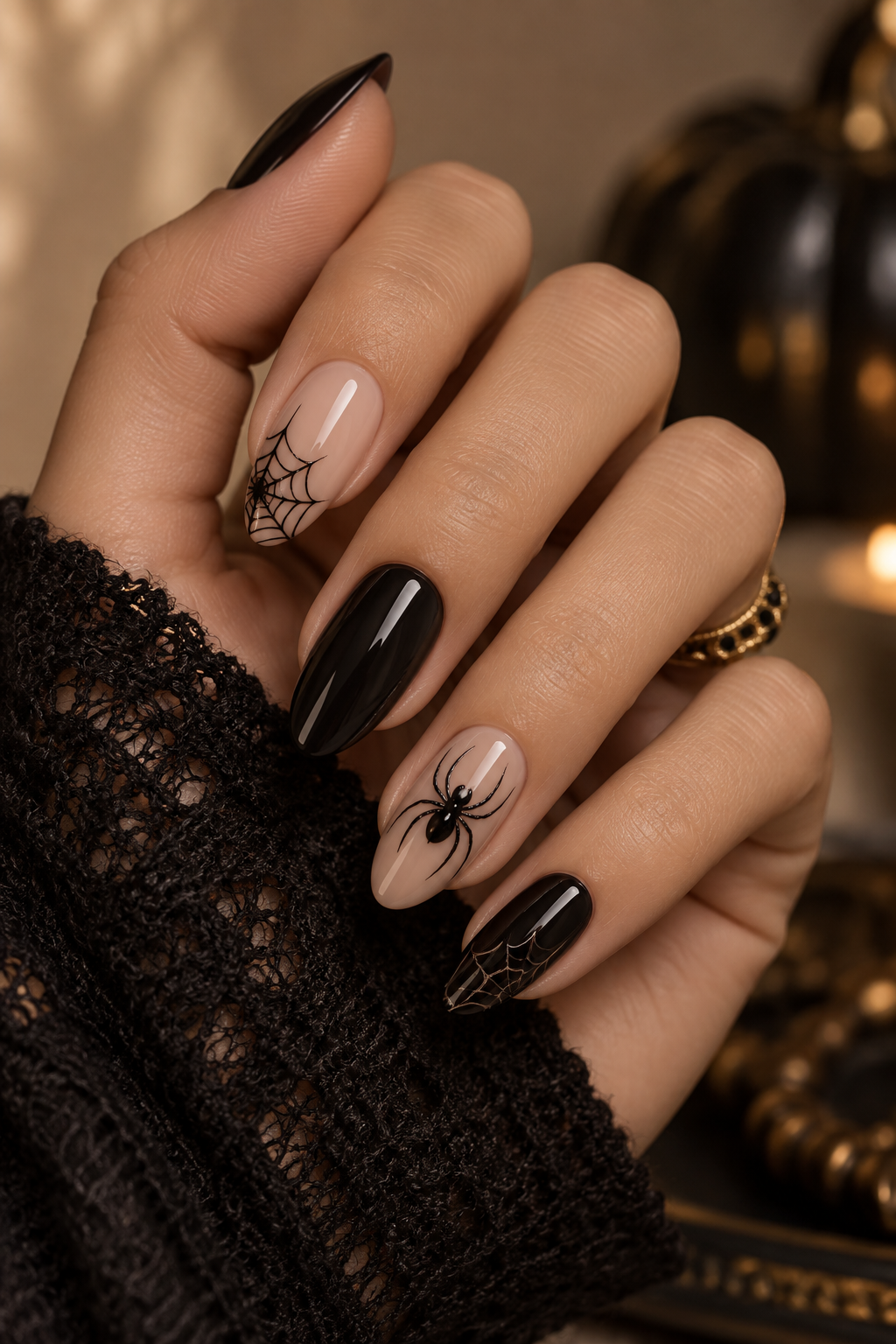 burgundy web details Halloween nails with spiders