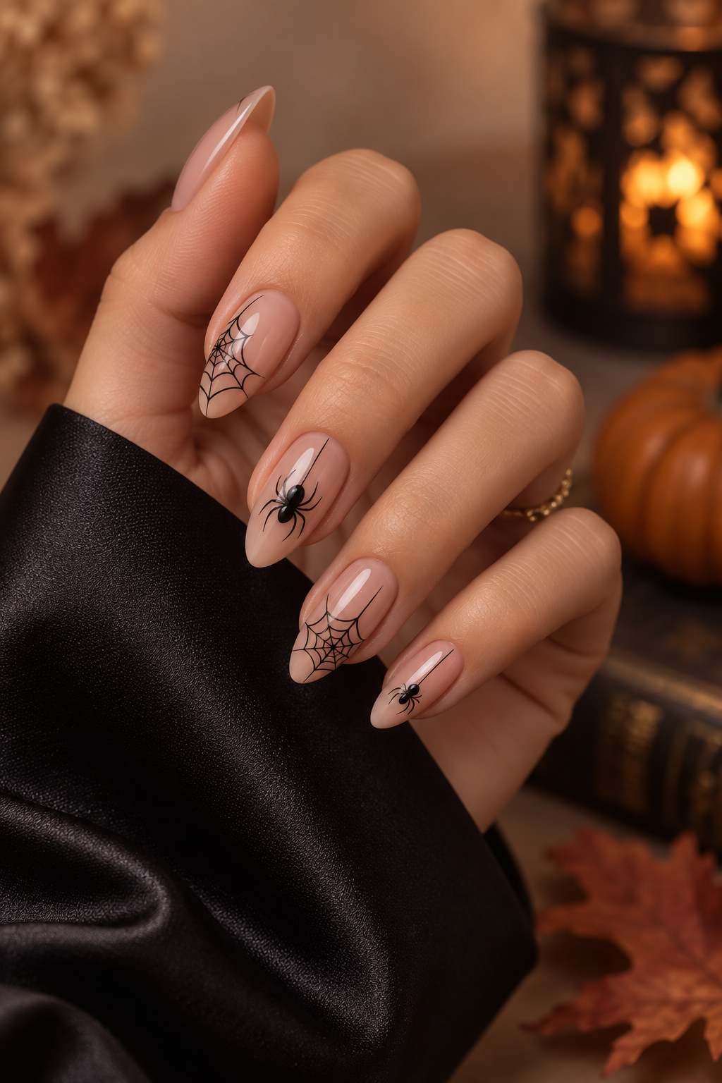 chrome spider charms Halloween nails with spiders