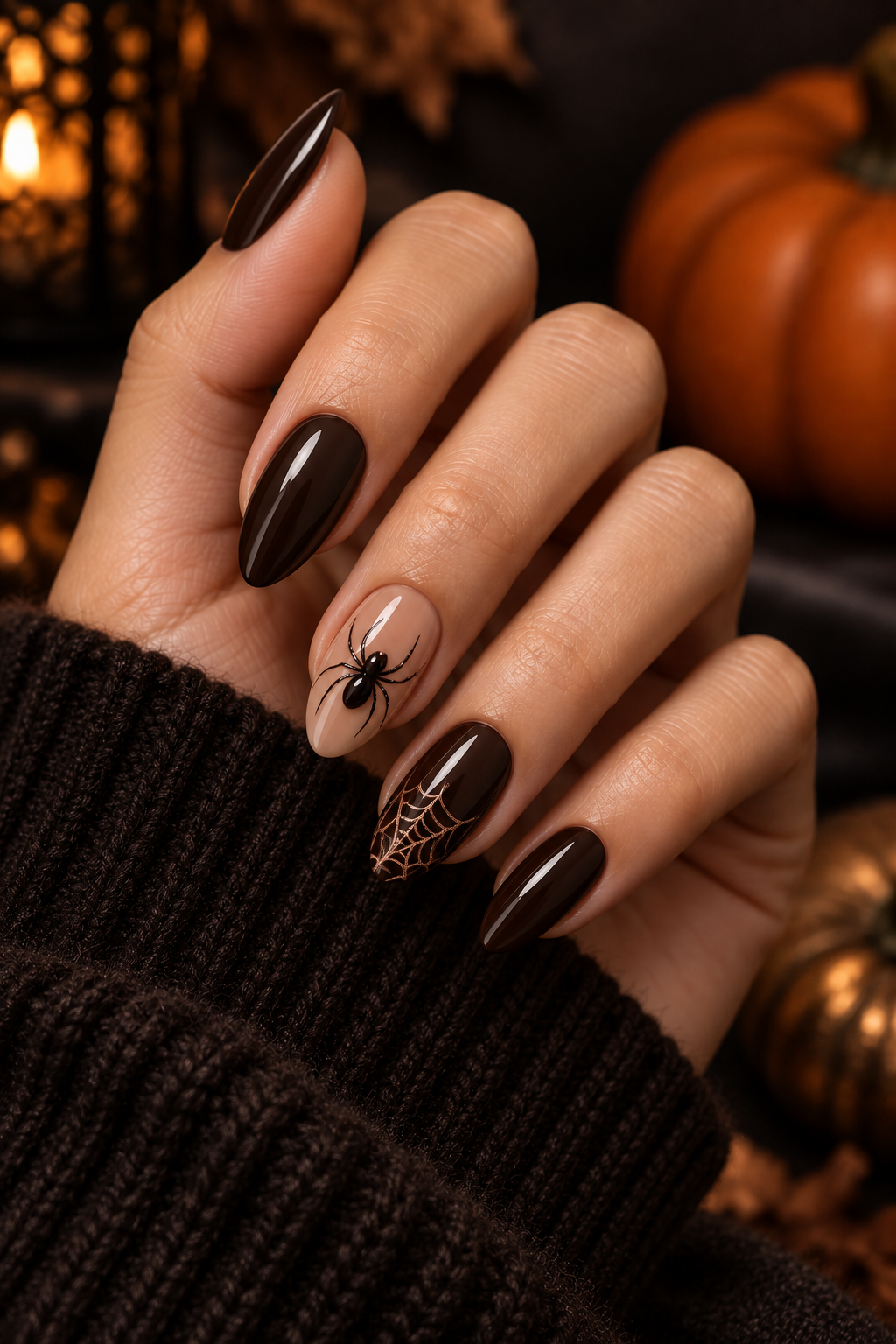 chocolate brown spider art Halloween nails with spiders