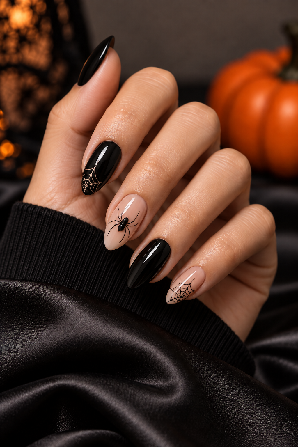 black and white webs Halloween nails with spiders