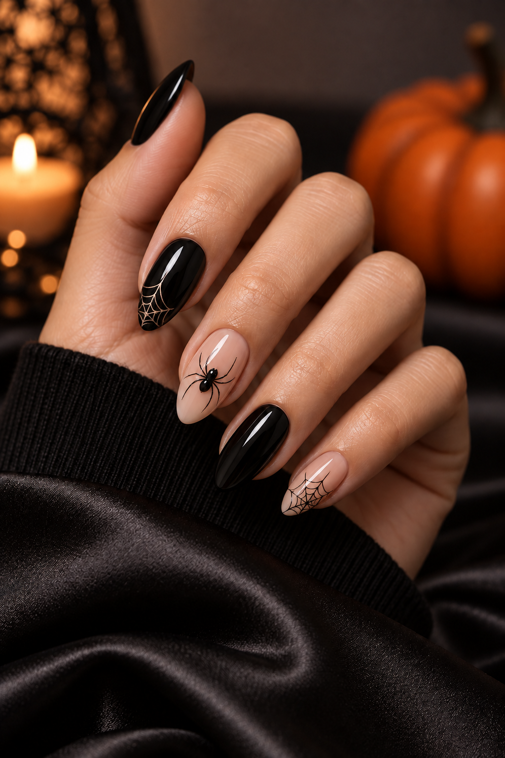 sheer pink with delicate spiders Halloween nails with spiders