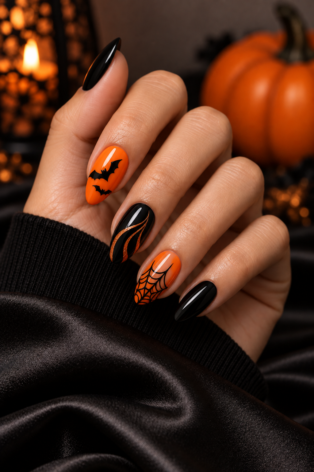 orange and black statement nails Halloween nails with spiders