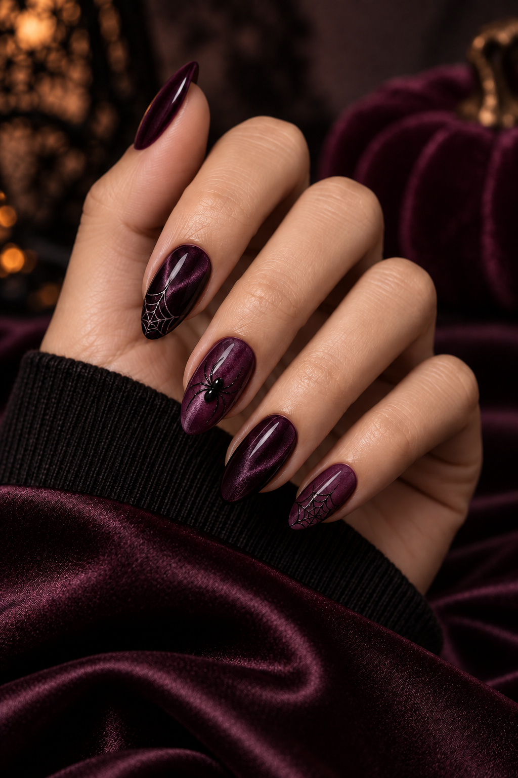 plum velvet spider nails Halloween nails with spiders