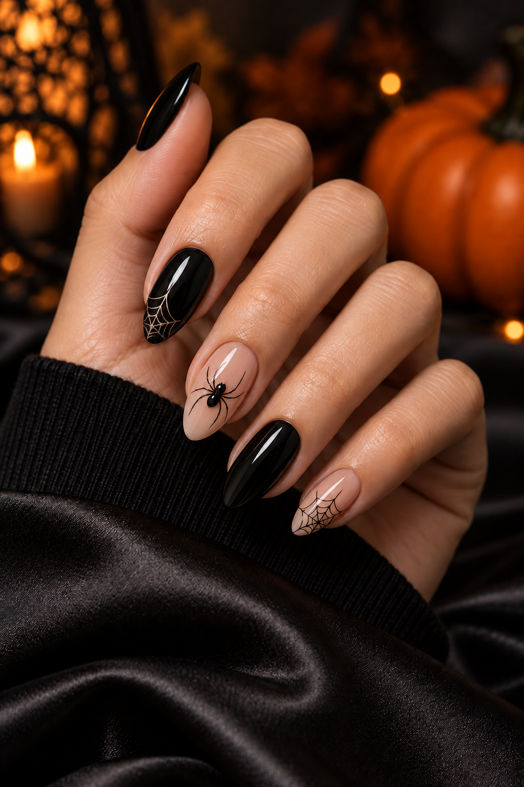 negative-space web tips Halloween nails with spiders