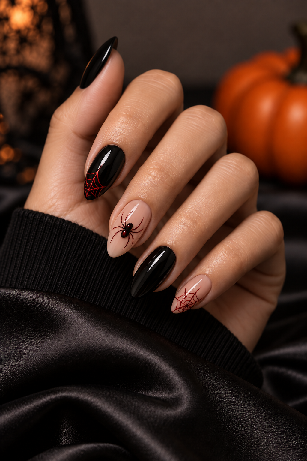 tiny red spider details Halloween nails with spiders